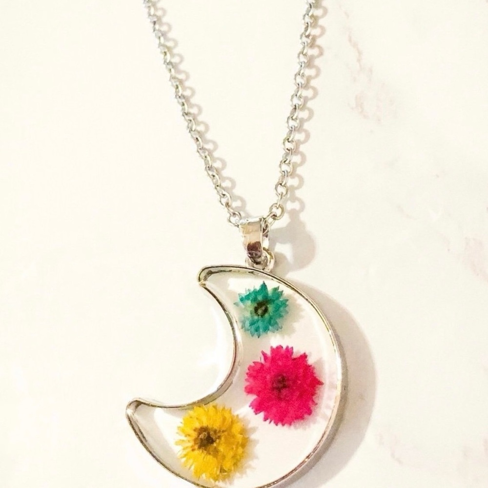 Pressed Flower Silver Moon Pendant Necklace